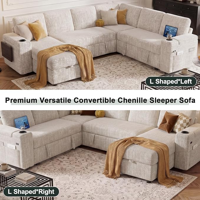 Vipbear Premium 111" Modular Sectional Sleeper Sofa, 7 Seat Sleeper Sofa with Pull Out Bed, L Shaped Couch with Storage Chaise|USB Ports|Cup Holders|Storage Armrests|Side Table, White