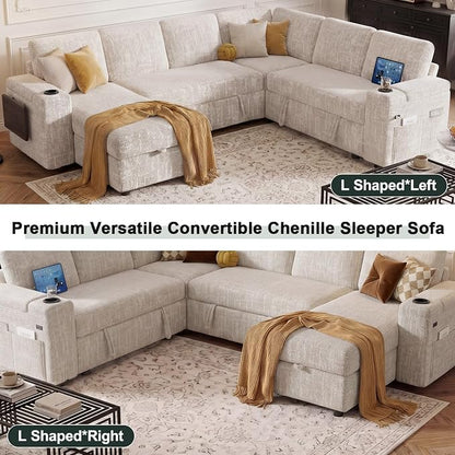 Vipbear Premium 111" Modular Sectional Sleeper Sofa, 7 Seat Sleeper Sofa with Pull Out Bed, L Shaped Couch with Storage Chaise|USB Ports|Cup Holders|Storage Armrests|Side Table, White