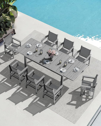 SERWALL HDPE Outdoor Dining Set for 8 with Textilene Chairs, Grey | 60" - 83" Aluminum Expandable Patio Dining Table and Breathable Textilene Chairs, All Weather HDPE Patio Furniture Set