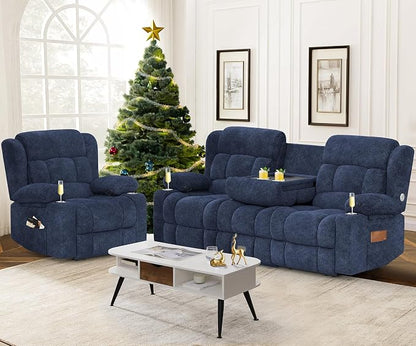 Dresegmt Loveseat Recliner Sofa Set, Flip Middle Backrest Design 3 Seater Reclining Sofa and Single Oversized Recliner Chair, Manual Couches for Living Room/RV (Blue, 3+1)