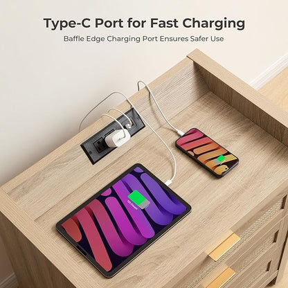 SICOTAS Rattan Nightstand Bedside Table - Larger Night Stand with Type-C Charging Station, 3 Drawers Storage - Boho Night Stands End Table for Bedroom - Light Oak