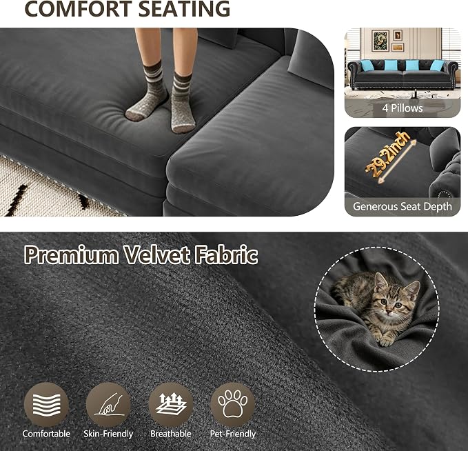 89" Velvet Pull Out Sofa Bed - 3-in-1 Convertible Sleeper Sofa with Ottoman, Button Tufted Chesterfield Sofa, Pull-out King Size Couch Bed, Space Saving for Small Spaces Apartments, Living Room, Grey