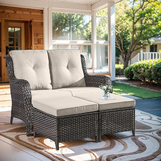 Outdoor Loveseat Sofa - 3 Piece Patio Furniture with Ottoman Deep Seating Patio Couch for Porch Deck Garden Backyard - Brown/Beige