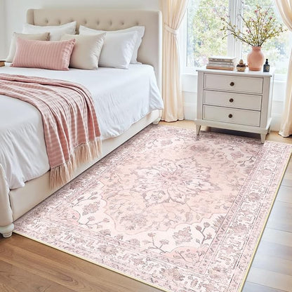 RELEANY Area Rugs 4'x5' Washable Non-Slip, Floral Vintage Distress Medallion Carpet for Living Room Bedroom Dining Room, Pink Greypink Cute