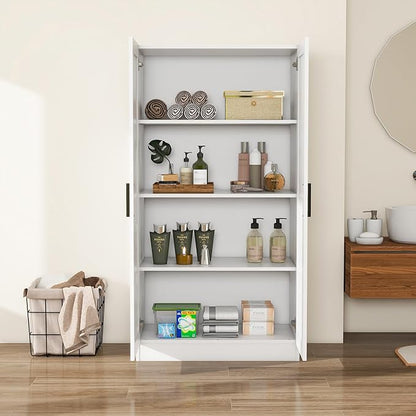 Wooden Storage Cabinet, Collection Food Pantry Narrow Cabinet Free Standing with 2 Doors and 3 Shelves Tool Cabinet, for Kitchens, Living Room, Utility Rooms (White)