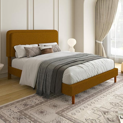 Full Size Boucle Upholstered Bed Frame with Adjustable Headboard, Cloud Platform Bed, Solid Wooden Legs, No Box Spring Needed, Easy Assembly, Brown