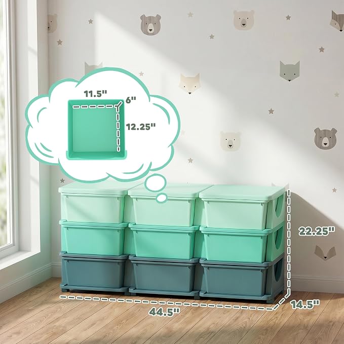 Qaba 9 Drawers Kids Storage Unit, 3 Tier Stackable Toy Organizers and Storage Chest for Bedroom, Nursery, Playroom, Living Room, Boys, Girls, Toddlers, Green