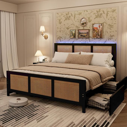Garvee Rattan Queen Bed Frame with 4 Storage Drawers, Boho Cane Bed Frame with LED Headboard (7 Colors), Strong Metal Slats Support, Noise Free, No Box Spring Needed, Easy Assembly, Black