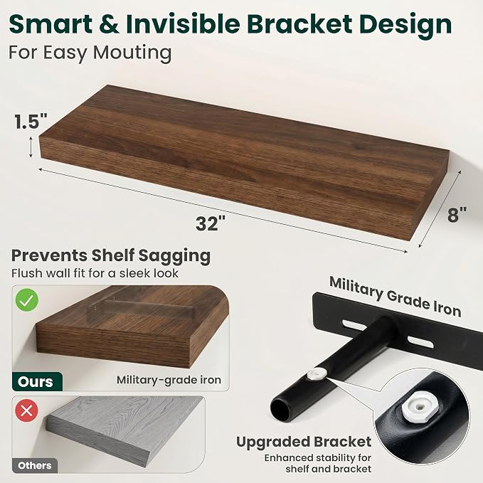 Floating Shelves for Wall, 32 Inch x 8 Inch Deep Wall Mounted Wood Shelf with Invisible Brackets for Storage & Display, Living Room Bedroom Kitchen, Walnut, Set of 2