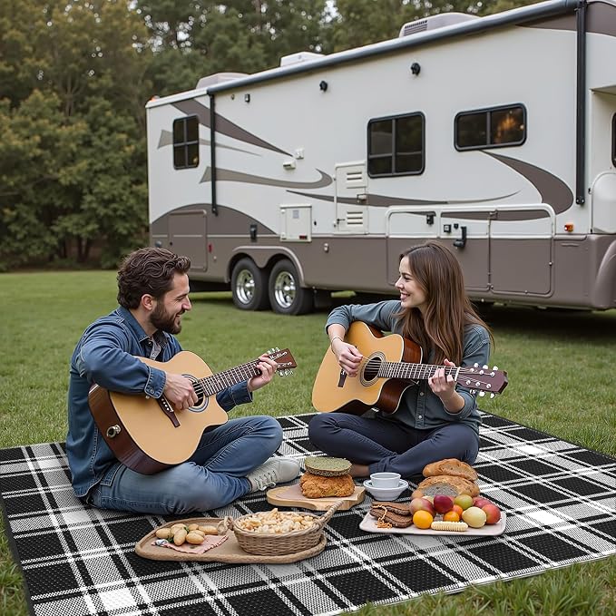 GENIMO Waterproof Outdoor Rug for Patio Clearance, 6'x9' Reversible Plastic Straw Rugs, Lightweight RV Camping Mat for Camper, Balcony, Deck, Backyard, Picnic, Black White Plaid