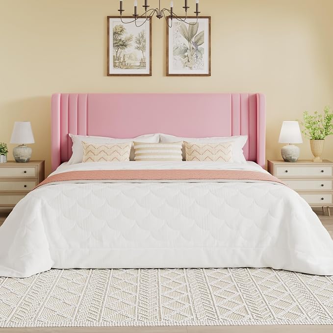 SHA CERLIN King Size Velvet Upholstered Platform Bed Frame with Vertical Channel Tufted Wingback Headboard, Wooden Slats Support, Easy Assembly, Under Bed Storage, No Box Spring Required, Pink