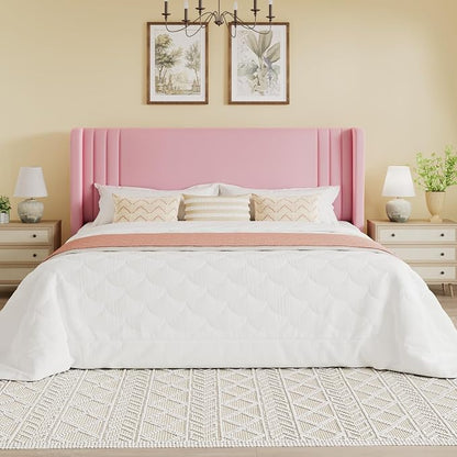 SHA CERLIN King Size Velvet Upholstered Platform Bed Frame with Vertical Channel Tufted Wingback Headboard, Wooden Slats Support, Easy Assembly, Under Bed Storage, No Box Spring Required, Pink