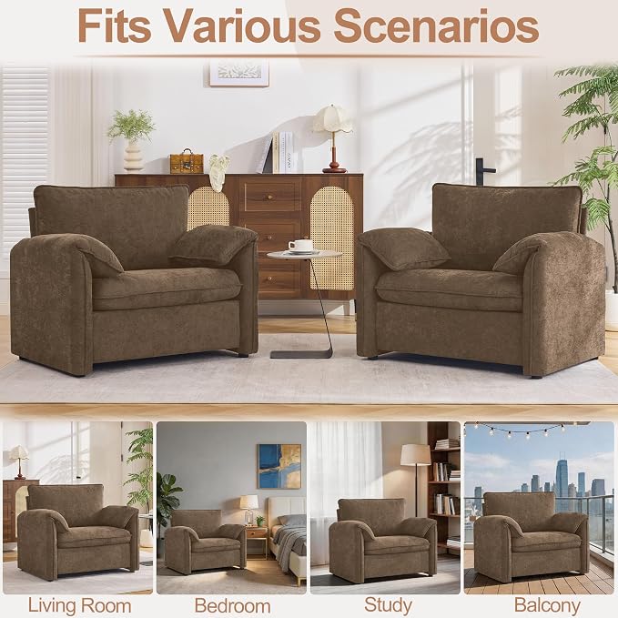 Oversized Accent Chair for Living Room, 41.73" Large Modern Armchair with Deep Seat, Mid-Century Comfy Reading Chair with Padded Arms, Chenille Single Sofa Chairs for Bedroom, Dark Brown