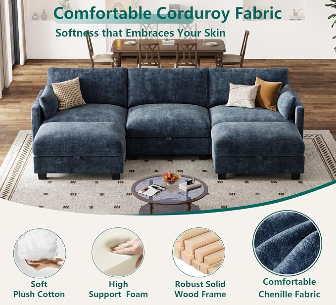 Modular Sectional U Shaped Sofa Couches for Living Room, Cloud Couch with Storage Ottoman, Comfy Chenille Sofa with Pillow, Blue
