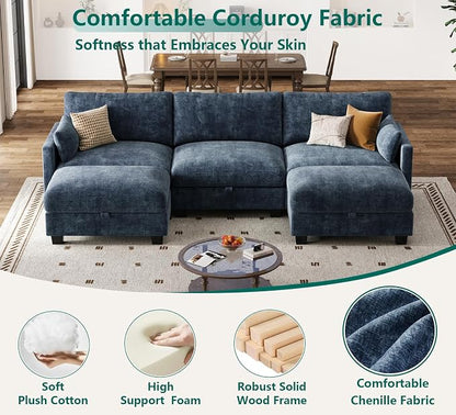 Modular Sectional U Shaped Sofa Couches for Living Room, Cloud Couch with Storage Ottoman, Comfy Chenille Sofa with Pillow, Blue