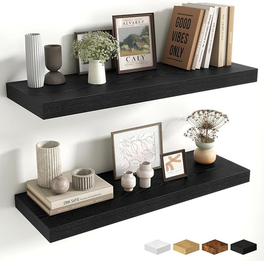 Fun Memories Floating Shelves for Wall, 30 Inch Long Floating Shelves Set of 2, 30 x 10 Wooden Shelves for Wall, Large Storage Shelves, Hanging Shelves for Bathroom Kitchen Bedroom, Black