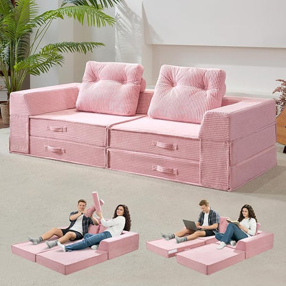 Folding Sofa Bed, 4 in 1 Convertible Sleeper Chair with Pillow, Loveseat Memory Foam Fold Out Chair Bed, Modern Floor Futon Sofa Couch Mattress for Living Room/Guest/Apartment, Pink
