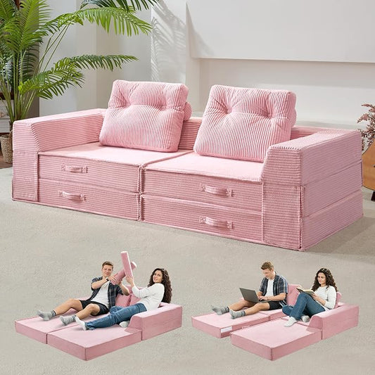 Folding Sofa Bed, 4 in 1 Convertible Sleeper Chair with Pillow, Loveseat Memory Foam Fold Out Chair Bed, Modern Floor Futon Sofa Couch Mattress for Living Room/Guest/Apartment, Pink