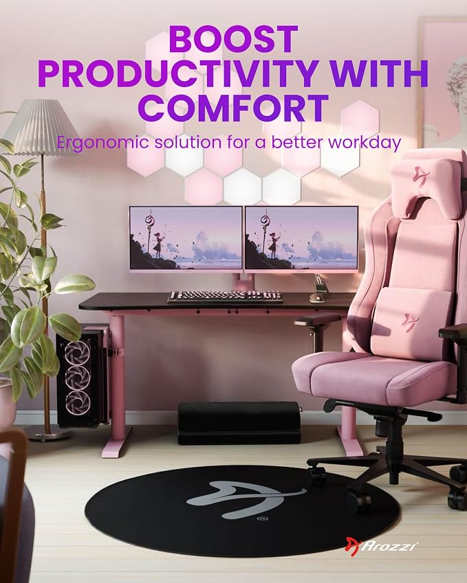 Arozzi Arena Medium Gamer Desk - 55x30” Steel Frame PC Gaming Desk with Storage for Cables & Dual-Monitor Support - Full-Surface Washable Mousepad - Pink