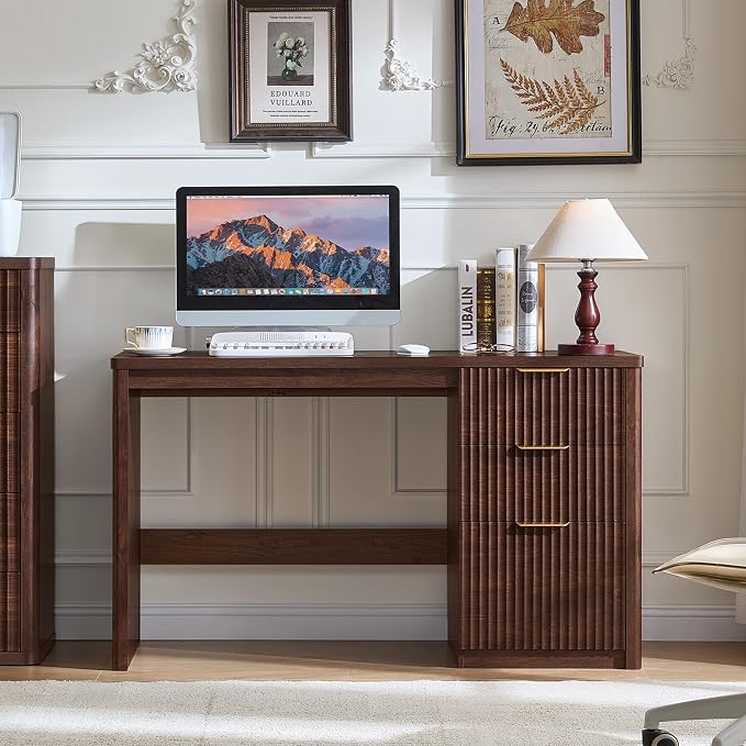 LEYAOYAO Office Desk 48" with 3 Drawers Storage File Cabinet Wood Fluted Desk for Computer Office Bedroom Home Furniture Walnut