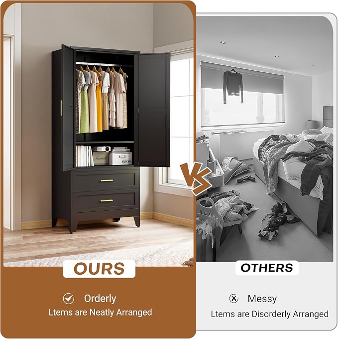 Steel Armoire Wardrobe Closet with 2 Drawers, 71" Metal Wardrobe Cabinet with Adjustable Shelves and Hanging Rod for Bedroom, Black Metal Clothing Storage Cabinets with 2 Doors