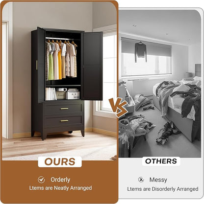 Steel Armoire Wardrobe Closet with 2 Drawers, 71" Metal Wardrobe Cabinet with Adjustable Shelves and Hanging Rod for Bedroom, Black Metal Clothing Storage Cabinets with 2 Doors