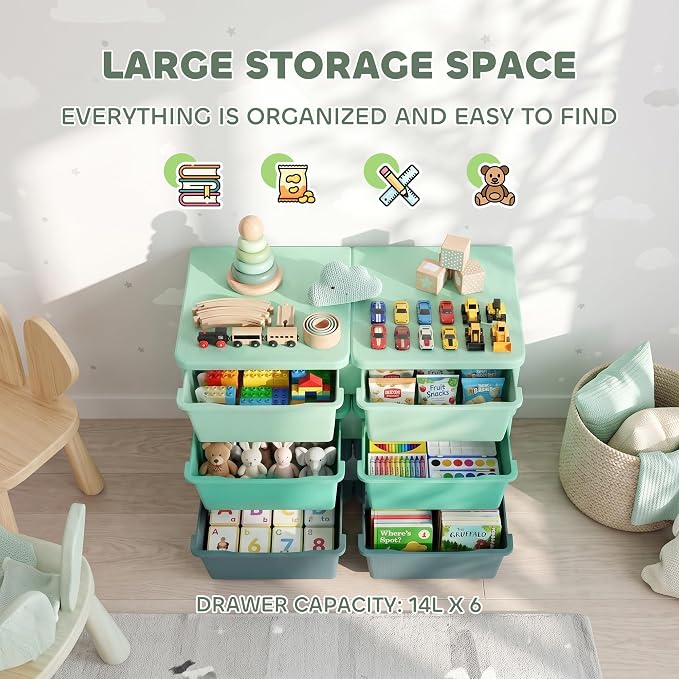 Qaba 6 Drawers Kids Storage Unit, 3 Tier Stackable Toy Organizers and Storage Chest for Bedroom, Nursery, Playroom, Living Room, Boys, Girls, Toddlers, Green