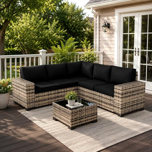 UDPATIO Patio Furniture Set, 8 Inch Armrest Outdoor Sectional Sofa with Wicker Coffee Table, 6 Piece Conversation for Garden, Backyard(Yellow/Black)