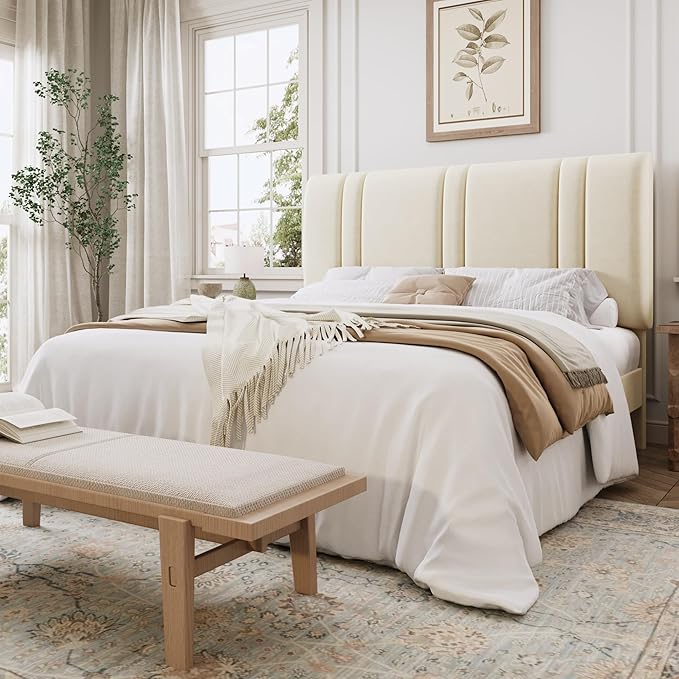 SHA CERLIN Full Size Platform Bed Frame, Velvet Upholstered Bed with Adjustable Headboard, Vertical Channel Tufted Design, Sturdy Wood Slat Support, No Box Spring Needed, Easy Assembly, Cream White