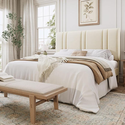 SHA CERLIN Full Size Platform Bed Frame, Velvet Upholstered Bed with Adjustable Headboard, Vertical Channel Tufted Design, Sturdy Wood Slat Support, No Box Spring Needed, Easy Assembly, Cream White