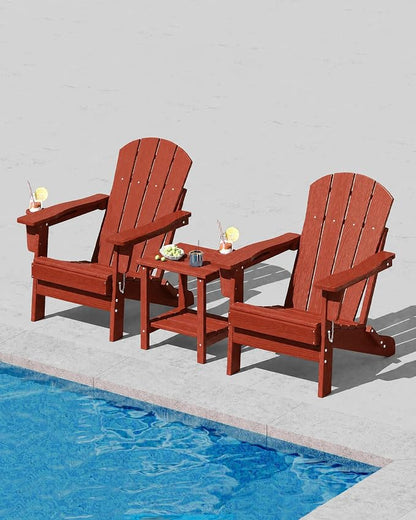 Garvee Folding Adirondack Chair Set of 2, HDPE Outdoor Patio Chair with Cup Holder, All Weather Resistent Wooden Textured for patios, Decks, Gardens, fire Pit, Red