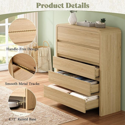 AMERLIFE 5 Drawer Tall Dresser for Bedroom, 48" Modern Storage Cabinet with Anti-Tip Kit, Rounded Corners & Easy Assembly, White Wood Chest for Closet, Apartment, Light Oak