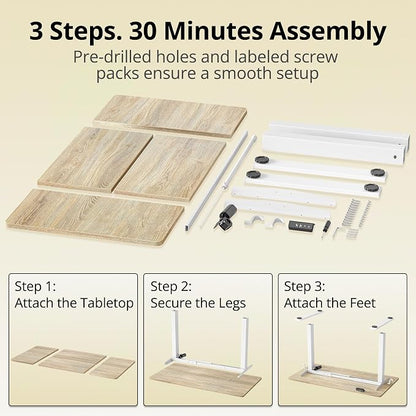 TIQLAB Electric Height Adjustable Standing Desk 71 * 30 inch, Sit Stand Desk with Splice Board, Memory Controller, White Frame & Maple Top Computer Workstation for Home Office