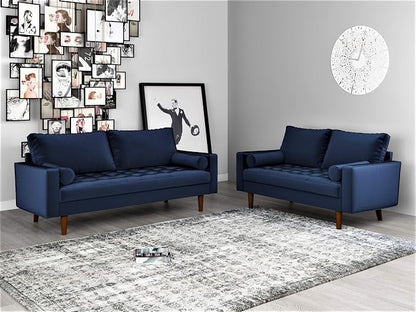 Container Furniture Direct Womble Mid Century Modern Velvet Upholstered Tufted Seat with Bolster Pillows, Sofa, Denim Blue