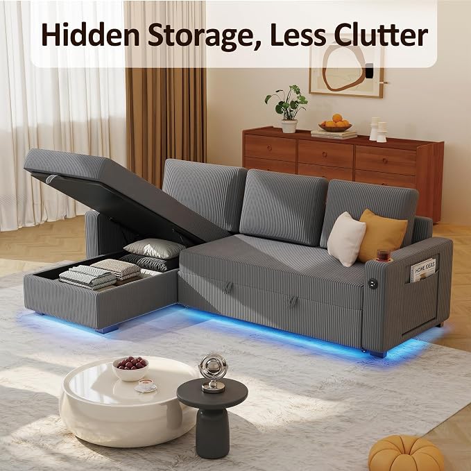 Ball & Cast 80" Sectional Sleeper Sofa Bed Pull Out Couches for Living Room | L Shaped Convertible Pull Out Sofa Bed with Storage Chaise, LED Lights, Foldable Table, USB Ports, Cup Holder and Side Pocket