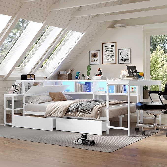 Bellemave Full Size Corner Bed Frame with Desk and Storage, Full Size Captains Bed with Charging Station and LED Light, Wood Daybeds with L-Shaped Bookcase and 2 Drawers, White