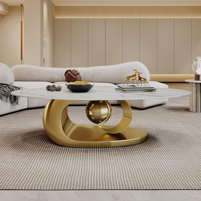 Modern Oval Stone Coffee Table with Gold Metal Base - Scratch-Resistant Rock Slab Top, Aviation-Grade Design - Stylish & Durable Centerpiece for Living Rooms (49.2"x27.6"x15.8").
