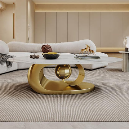 Modern Oval Stone Coffee Table with Gold Metal Base - Scratch-Resistant Rock Slab Top, Aviation-Grade Design - Stylish & Durable Centerpiece for Living Rooms (49.2"x27.6"x15.8").