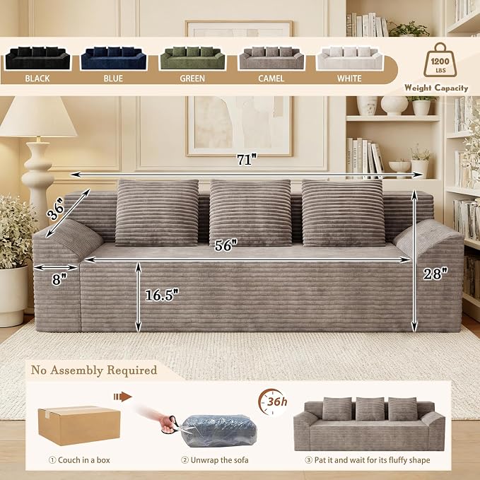 71" Corduroy Living Room Sofa, 3 Setaser Deep Seat Couch with 3 Lumbar Pillows, Comfy Boneless Sofa Modern Compressed Couch for Bedroom, Office, Apartment, No Assembly, Curved Armrests (Camel)
