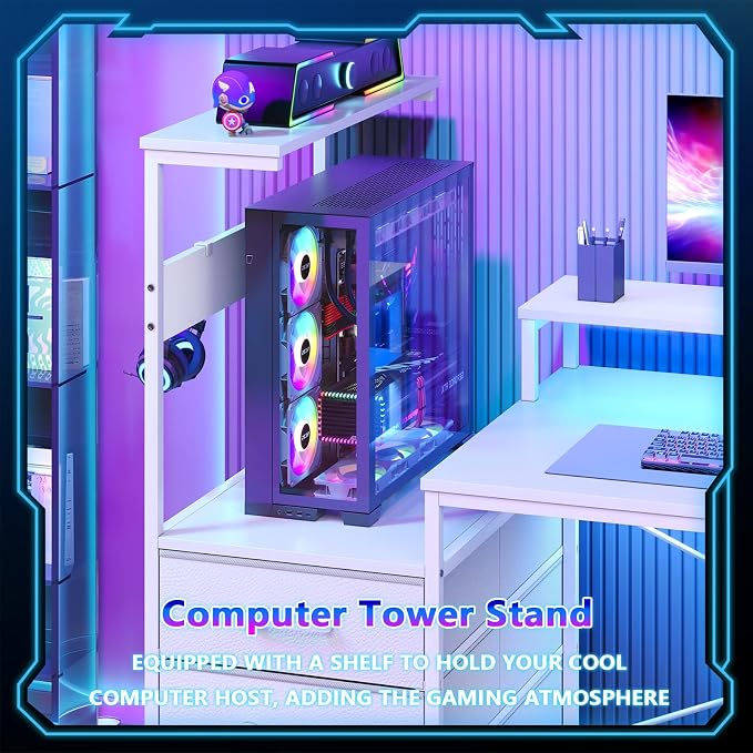 YOMILUVE White Gaming Desk with Drawers & Storage Shelves, L-Shaped Gaming Desk with Power Outlets & LED Light, Reversible Computer Desk with Monitor Stand & Hooks for Home Office