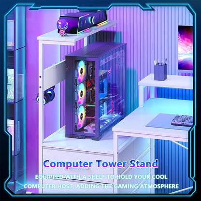 YOMILUVE White Gaming Desk with Drawers & Storage Shelves, L-Shaped Gaming Desk with Power Outlets & LED Light, Reversible Computer Desk with Monitor Stand & Hooks for Home Office