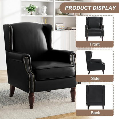 Pia Ricco Set of 2 Faux Leather Accent Chairs, High Back Wingback Armchairs with Retro Floral Design, Nailhead Trim & Solid Wood Legs for Living Room Bedroom (Black)