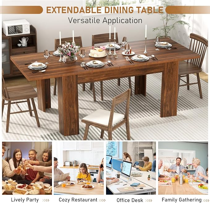 59"-86" Extendable Dining Table for 6-10 Person, Wooden Dining Room Table, Modern Extendable Table for Gatherings, Meeting for Small Kitchens, Dining Office Areas(Walnut)