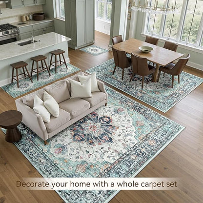 RELEANY Area Rugs 5'x7' Washable Non-Slip, Floral Vintage Distress Medallion Carpet for Living Room Bedroom Dining Room, Green Navy Blue White Red Teal