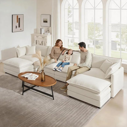 147" Modular Sectional Sofa, Oversized U Shaped Sectionals Cloud Couch, Big Comfy Couch with 2 Ottomans, 6 Seater Chenille Sectional Sofa with Deep Seat and 6 Pillows for Living Room- Beige