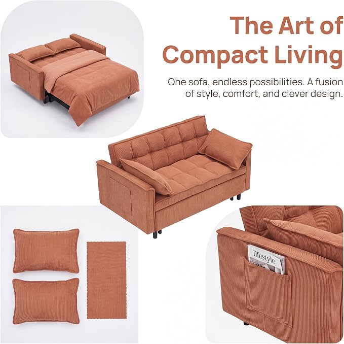 3 in 1 Convertible Sofa Bed, Corduroy Fabric Loveseat Sleeper Couch, Modern Pull Out Couch with Side Pockets, Sleeper Sofa Bed with Adjustable Backrest for Living Room, Orange