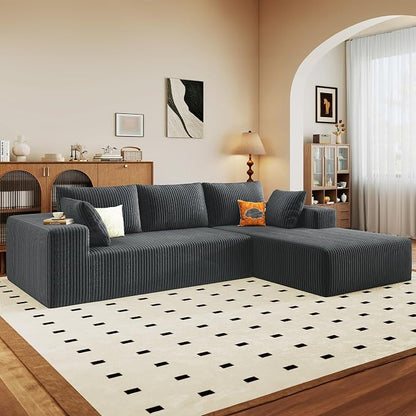 96" Modular Sectional Sofa, Modern Corduroy Cloud Couch with Deep Seat, Boneless Couch Upholstered 3-Seater L-Shaped Sofa for Living Room, No Assembly Required (Dark Grey, Right-Facing Chaise)