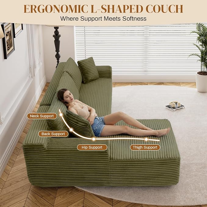 95" L Shaped Boneless Sectional Couches, Wide Armrest, Deep Seat, Memory Foam, Assembly Free, Modern Comfy Corduroy Fluffy Cloud Sofa with Right Chaise for Living Room, Small Spaces, Green