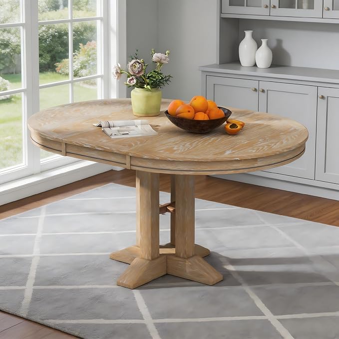 LUMISOL 42"-58" Extendable Round Dining Table for 4-6, Farmhouse Oval Kitchen Table with Removable Leaf for Kitchen, Dining Table, Small Space, Natural