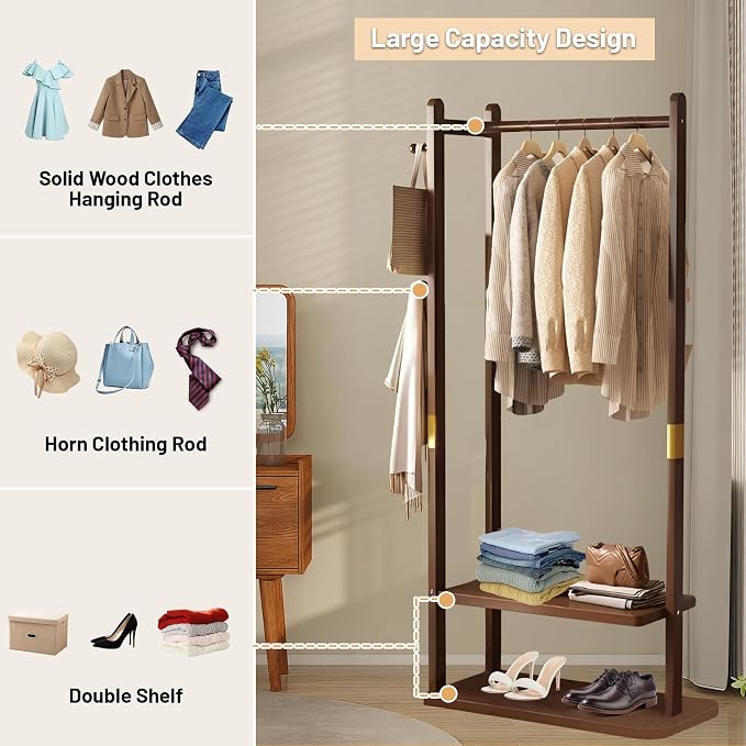 Wooden Coat Rack Freestanding, Hall Tree Hanger With Resin Hooks, Adjustable Heavy Duty Coat Rack for Hanging Clothes Bags Hats in Living Room Bedroom (coat rack, Walnut-23.6x11.4x64.1 in)